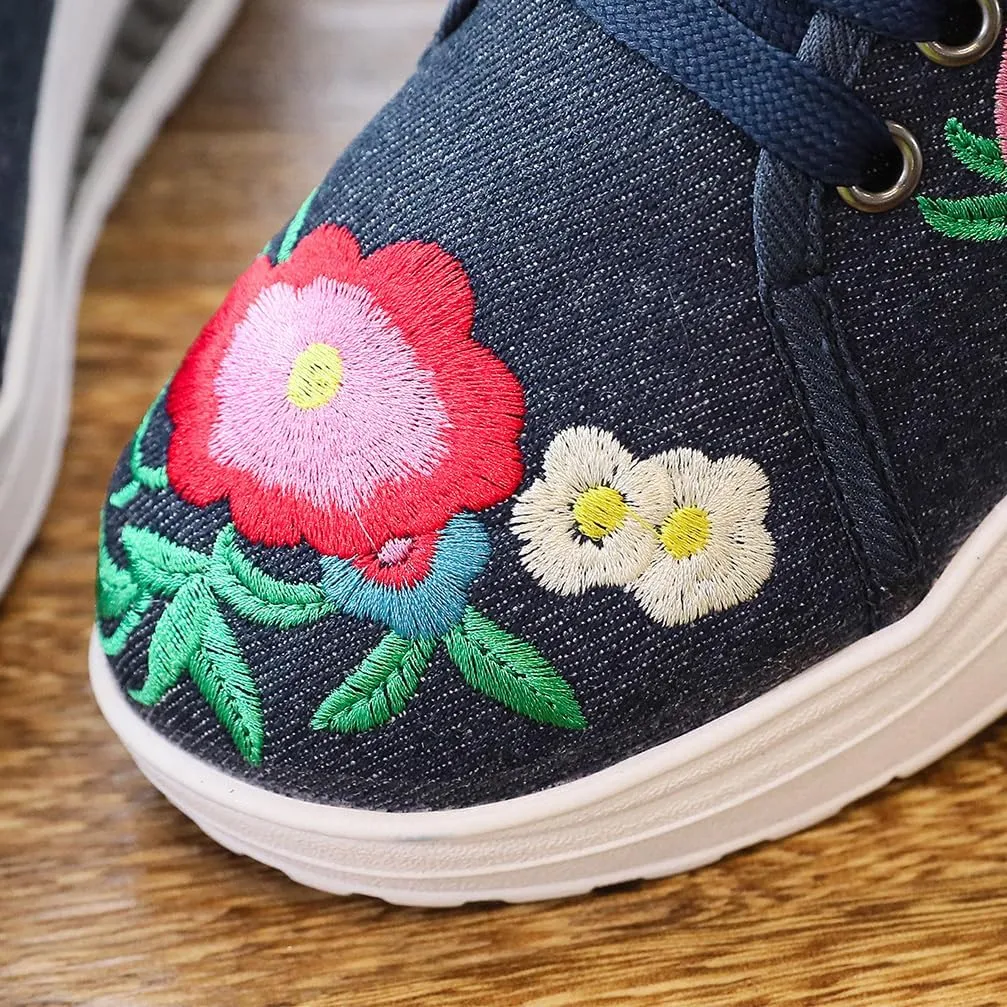 Sneakers Shoes for Women Arch Support Walking Shoes Embroidered Floral Art Canvas Loafers Ladies Travel Shoes