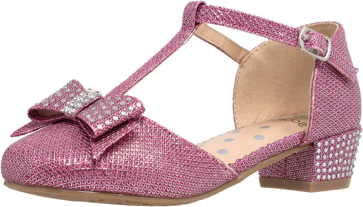 SOBEYO Girls Low Heels Pumps T-Strap Bow Accent Glitter Rhinestone Mary Jane Kids Sandals