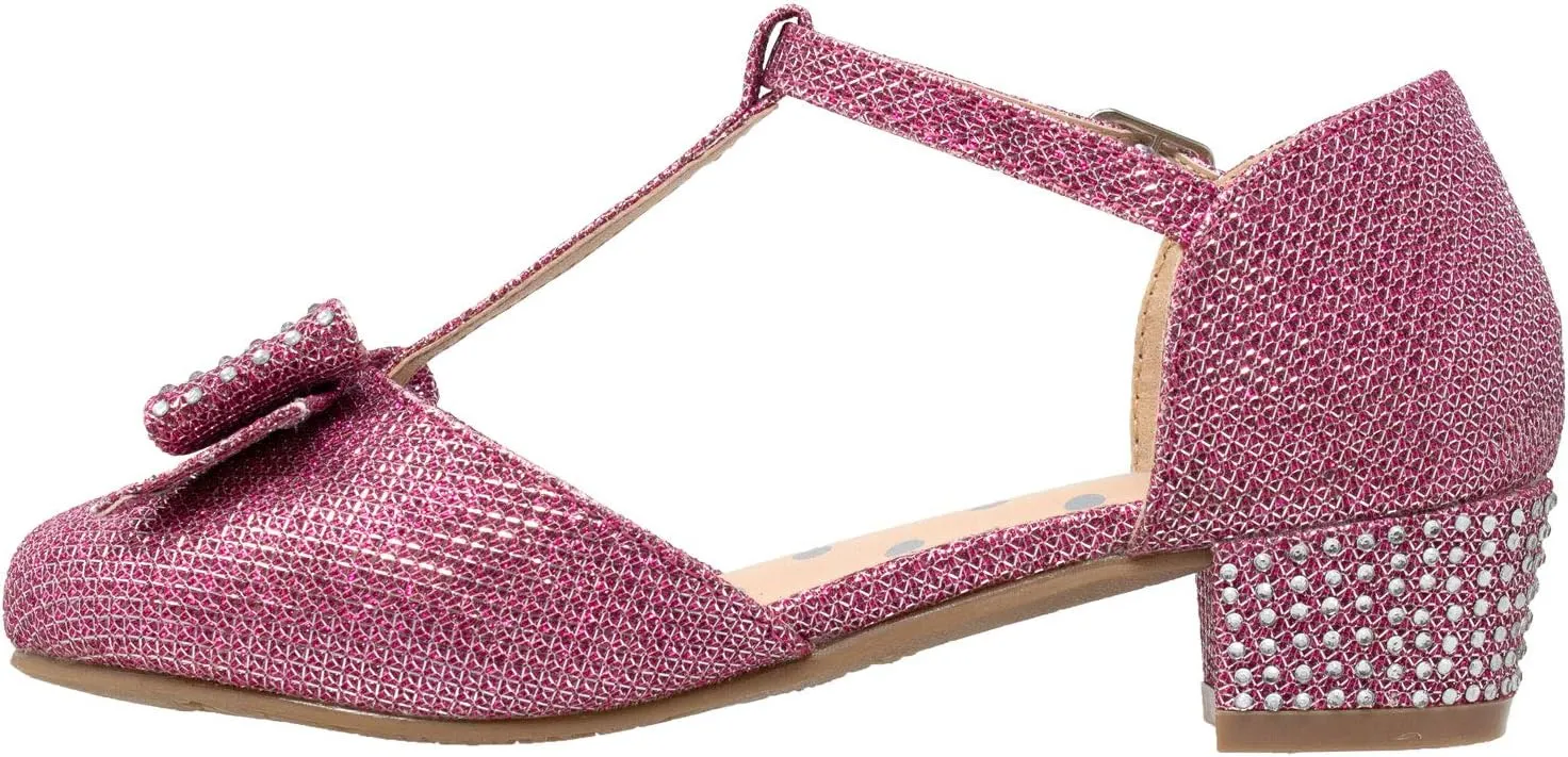SOBEYO Girls Low Heels Pumps T-Strap Bow Accent Glitter Rhinestone Mary Jane Kids Sandals