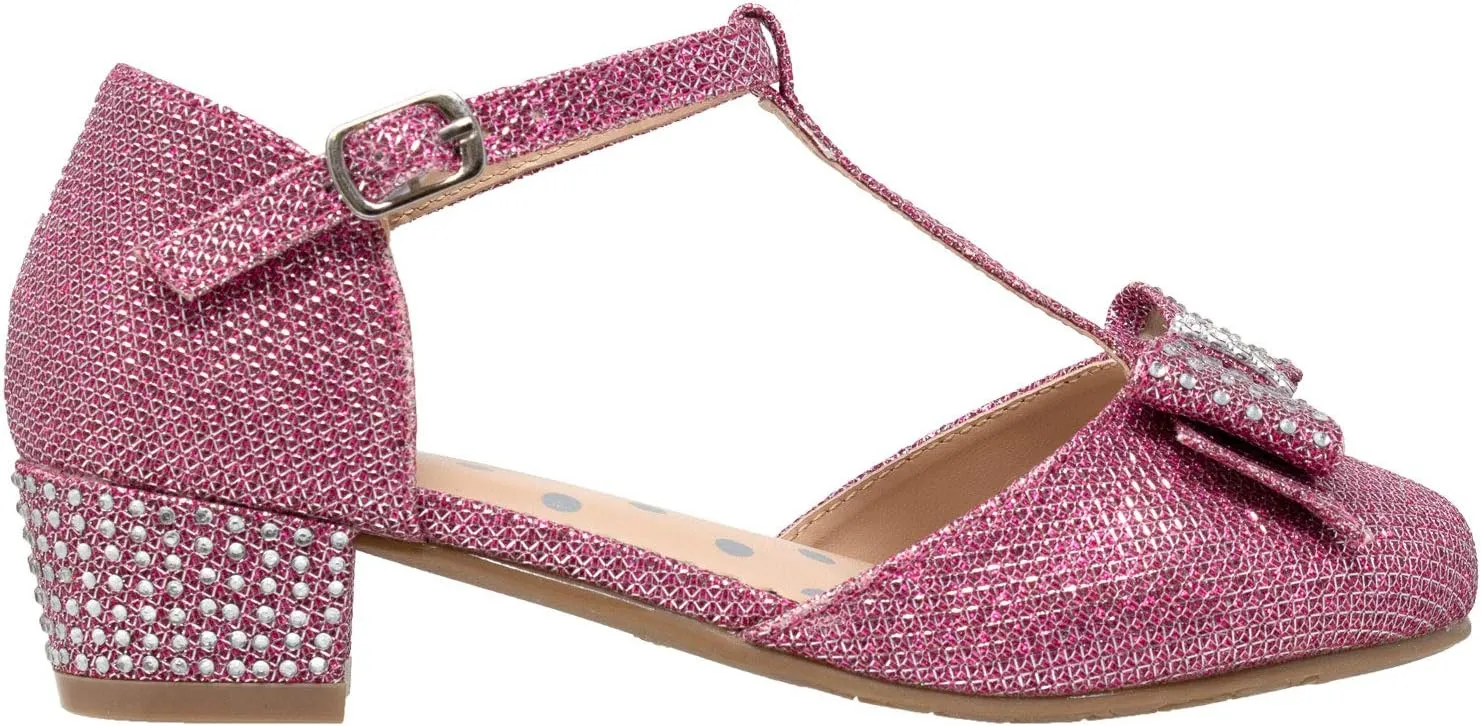 SOBEYO Girls Low Heels Pumps T-Strap Bow Accent Glitter Rhinestone Mary Jane Kids Sandals