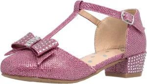 SOBEYO Girls Low Heels Pumps T-Strap Bow Accent Glitter Rhinestone Mary Jane Kids Sandals
