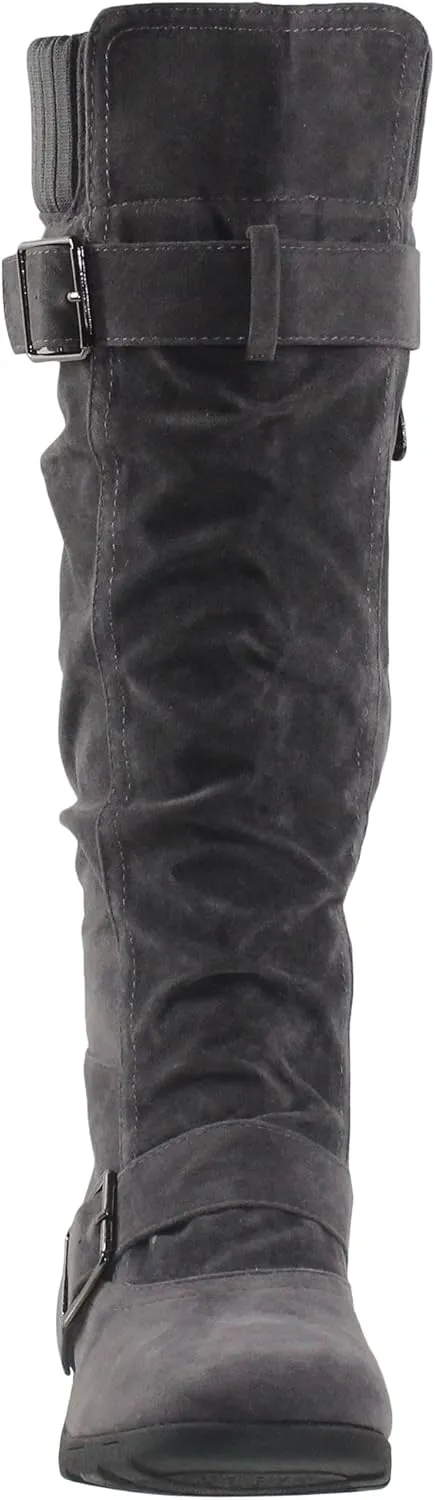 SOBEYO Women's Knee High Boots Ruched Knit Cuff Double Straps Buckles