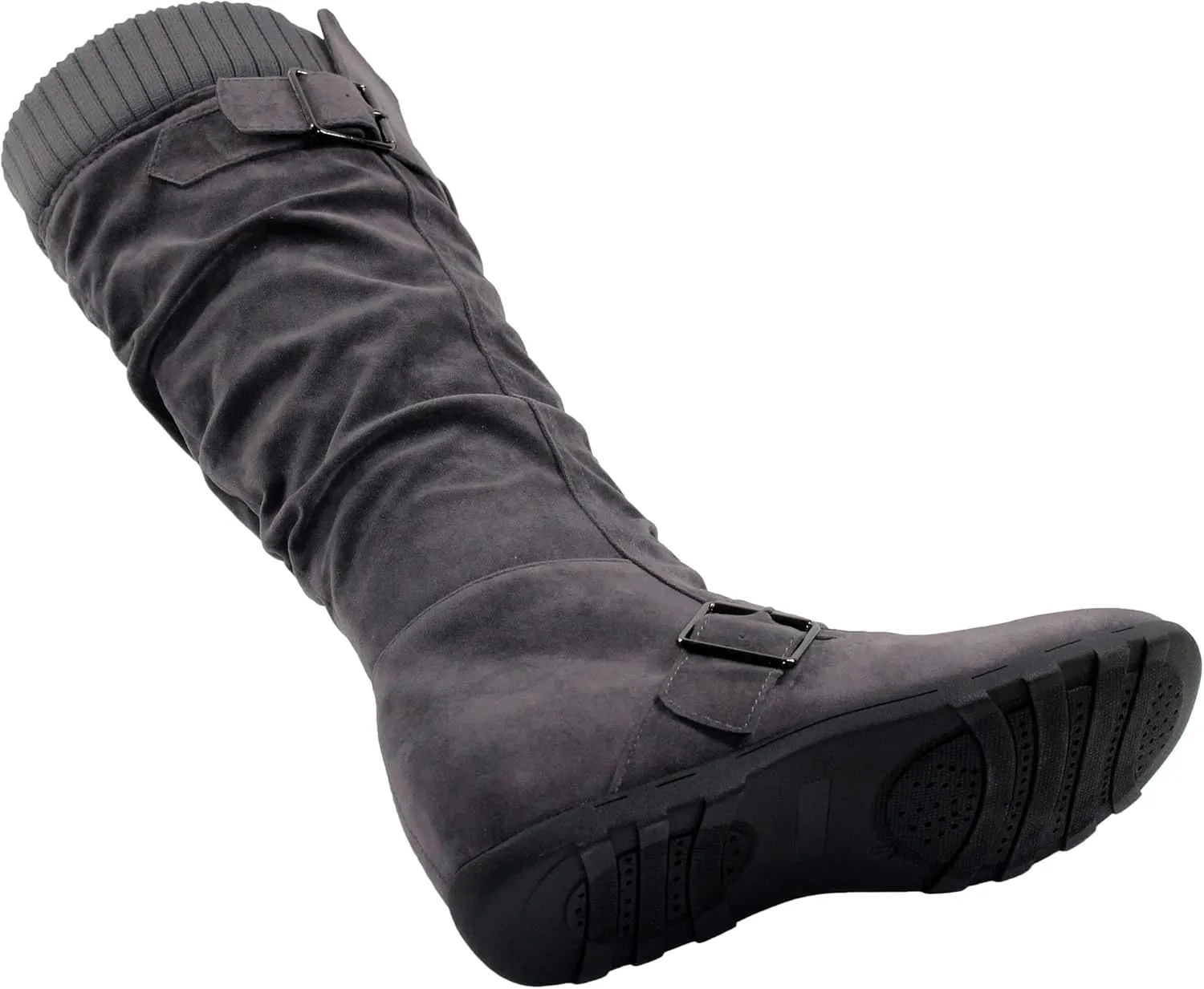 SOBEYO Women's Knee High Boots Ruched Knit Cuff Double Straps Buckles