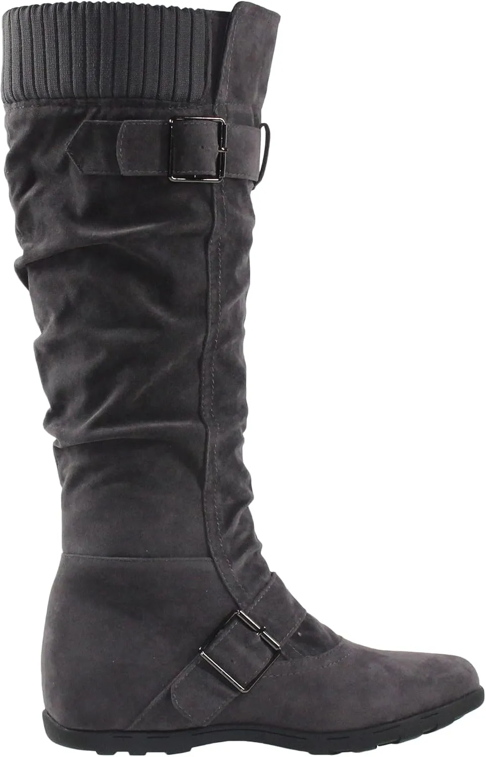 SOBEYO Women's Knee High Boots Ruched Knit Cuff Double Straps Buckles