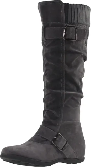 SOBEYO Women's Knee High Boots Ruched Knit Cuff Double Straps Buckles