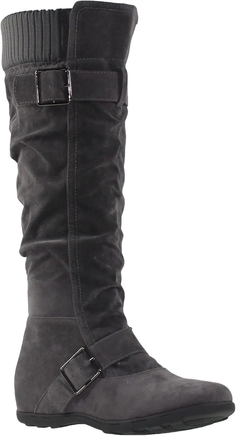 SOBEYO Women's Knee High Boots Ruched Knit Cuff Double Straps Buckles