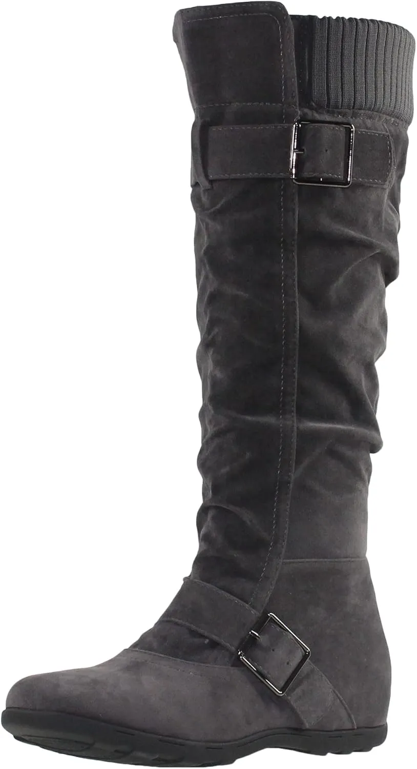 SOBEYO Women's Knee High Boots Ruched Knit Cuff Double Straps Buckles