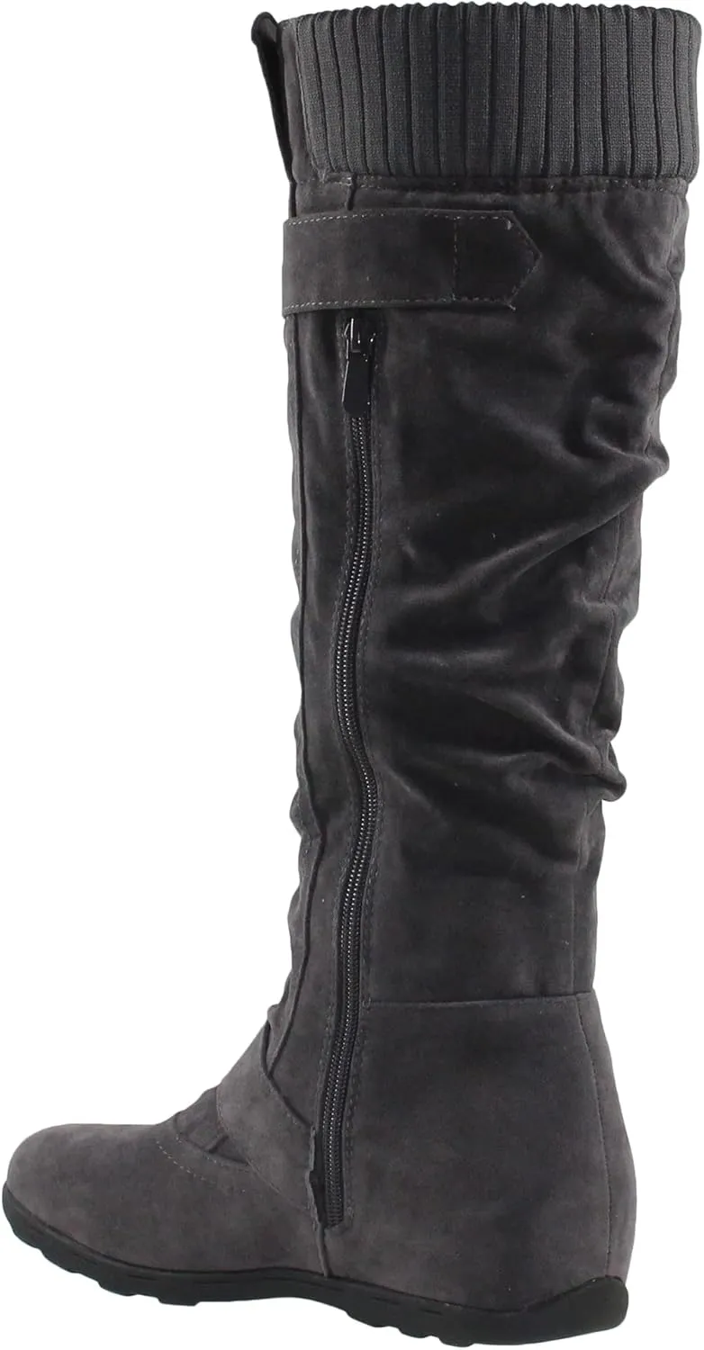 SOBEYO Women's Knee High Boots Ruched Knit Cuff Double Straps Buckles