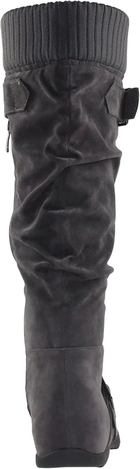 SOBEYO Women's Knee High Boots Ruched Knit Cuff Double Straps Buckles