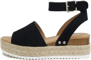 Soda Topic Black Casual Espadrilles Trim Rubber Sole Flatform Studded Wedge Buckle Ankle Strap Open Toe Sandals (11)