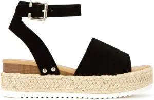 Soda Topic Open Toe Buckle Ankle Strap Espadrilles Flatform Wedge Casual Sandal (10, BLACK)