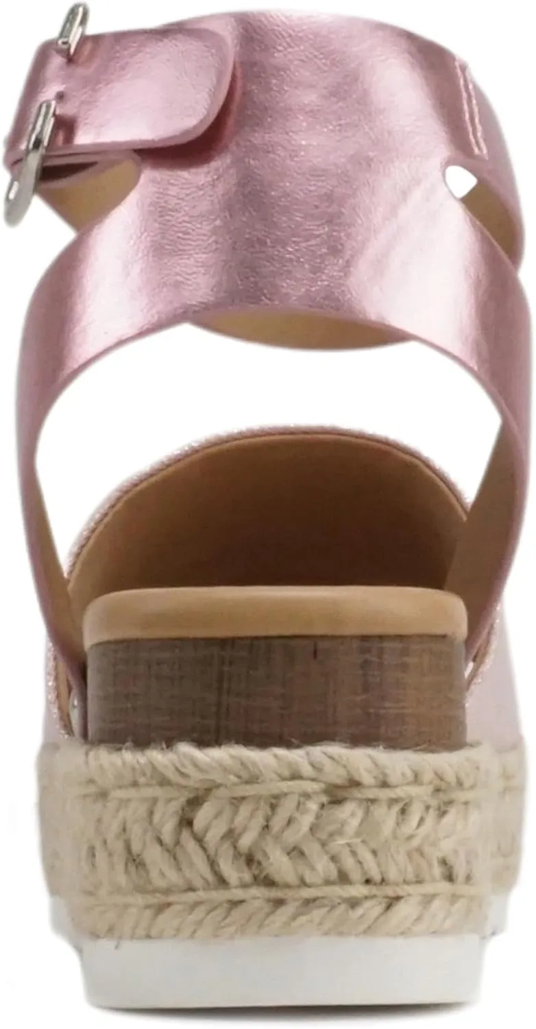 Soda Topic Open Toe Buckle Ankle Strap Espadrilles Flatform Wedge Casual Sandal