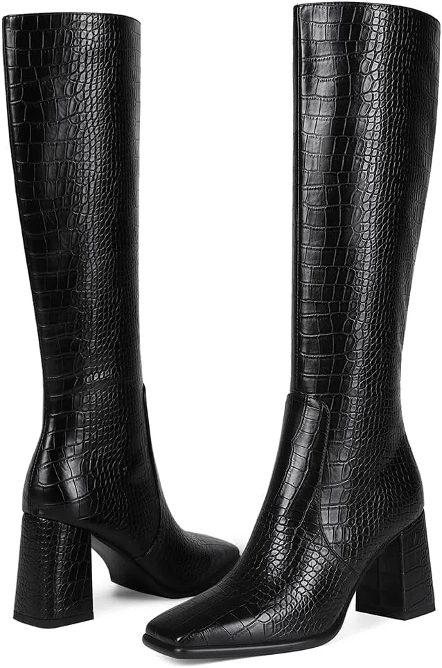 Square Toe Knee High Boots for Women Stylish Tall Boots Chunky Heel Long Boots Crocodile Boots Side Zipper.