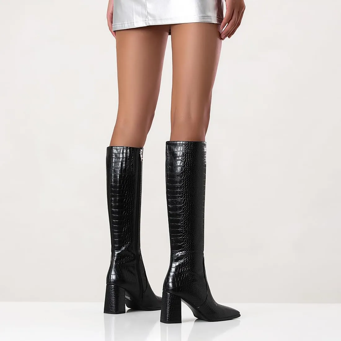 Square Toe Knee High Boots for Women Stylish Tall Boots Chunky Heel Long Boots Crocodile Boots Side Zipper.