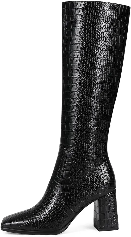 Square Toe Knee High Boots for Women Stylish Tall Boots Chunky Heel Long Boots Crocodile Boots Side Zipper.