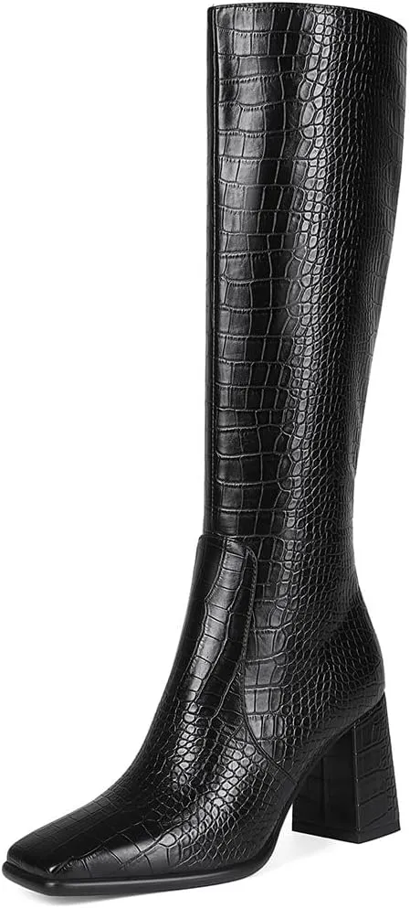 Square Toe Knee High Boots for Women Stylish Tall Boots Chunky Heel Long Boots Crocodile Boots Side Zipper.