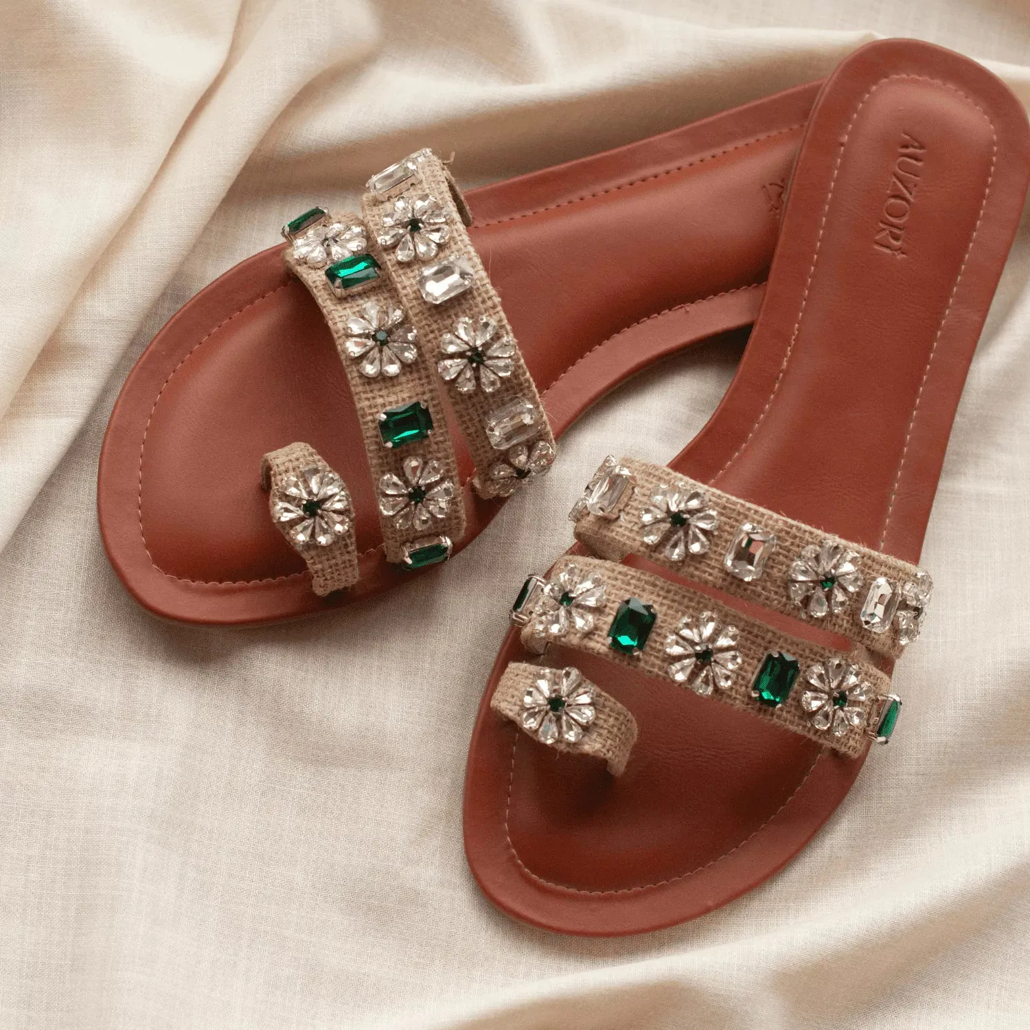 Stone Embellished Jute Flats
