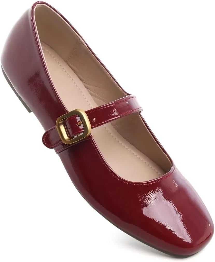Stunner Women's Mary Jane Flats Fashion Round Toe Ballet Flats Comfort Slip On Flats Buckle Strap Dress Flats