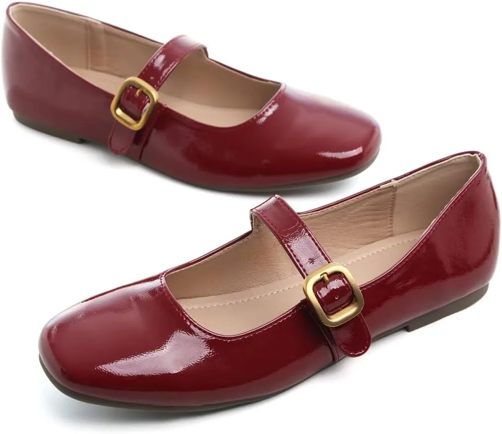 Stunner Women's Mary Jane Flats Fashion Round Toe Ballet Flats Comfort Slip On Flats Buckle Strap Dress Flats