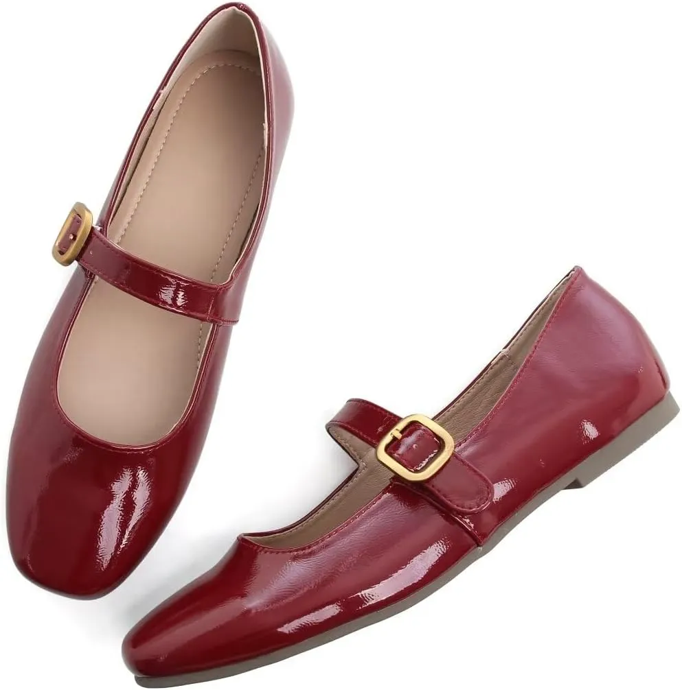 Stunner Women's Mary Jane Flats Fashion Round Toe Ballet Flats Comfort Slip On Flats Buckle Strap Dress Flats