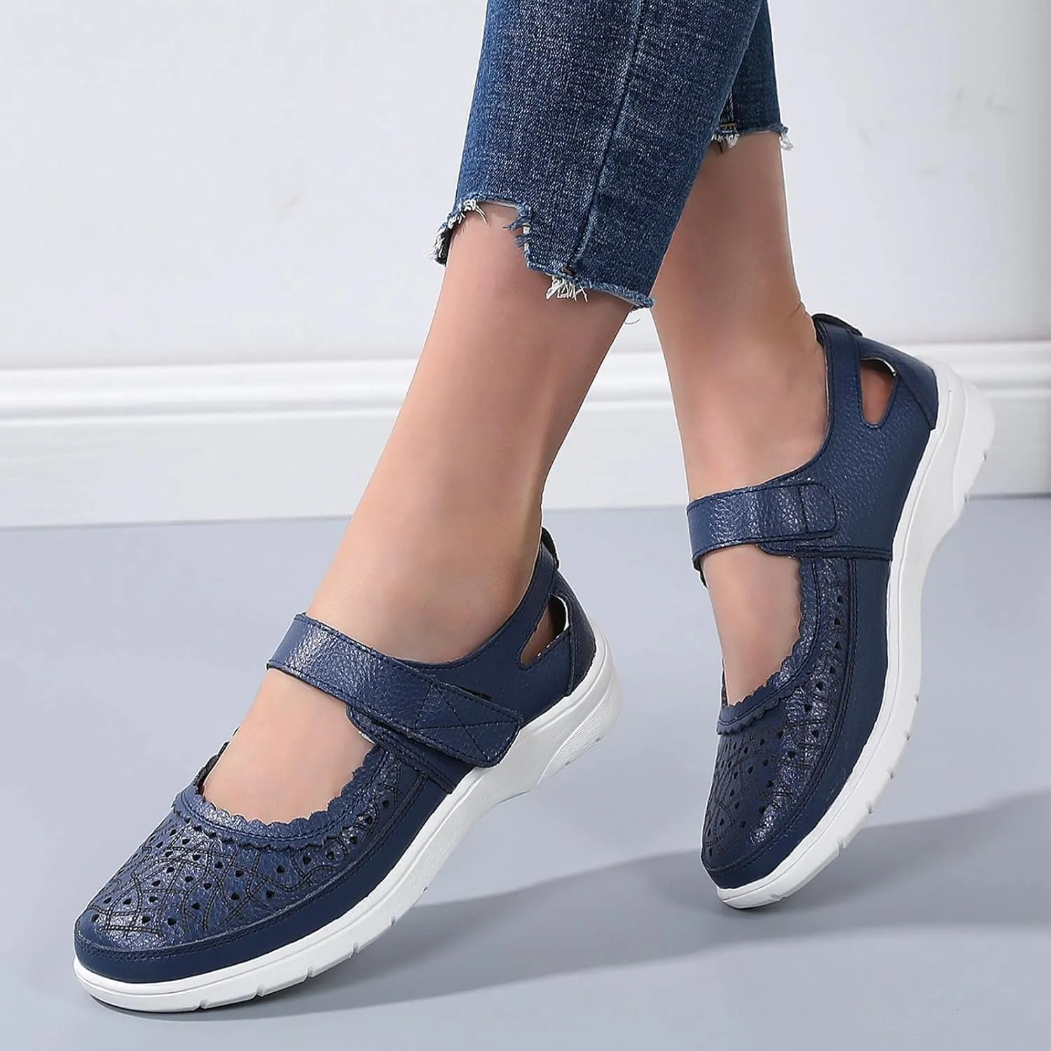 Summer Sandals for Women Dressy Casual Flats Leather Carved Hollow Hole Closed Toe Hook and Loop Breathable Shoes Lightweight Soft Sole Non-Slip Shoes