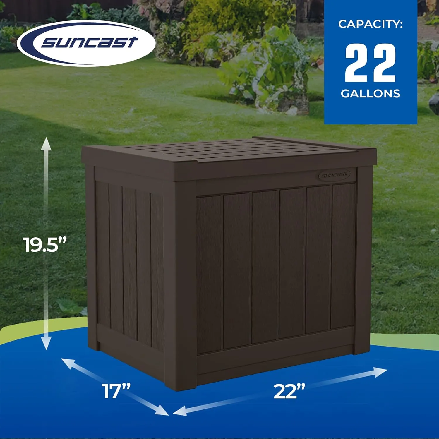 Suncast 22-Gallon Small Deck Box - Lightweight Resin Outdoor Storage Deck Box and Seat for Patio Cushions, Gardening Tools and Toys - Java Brown