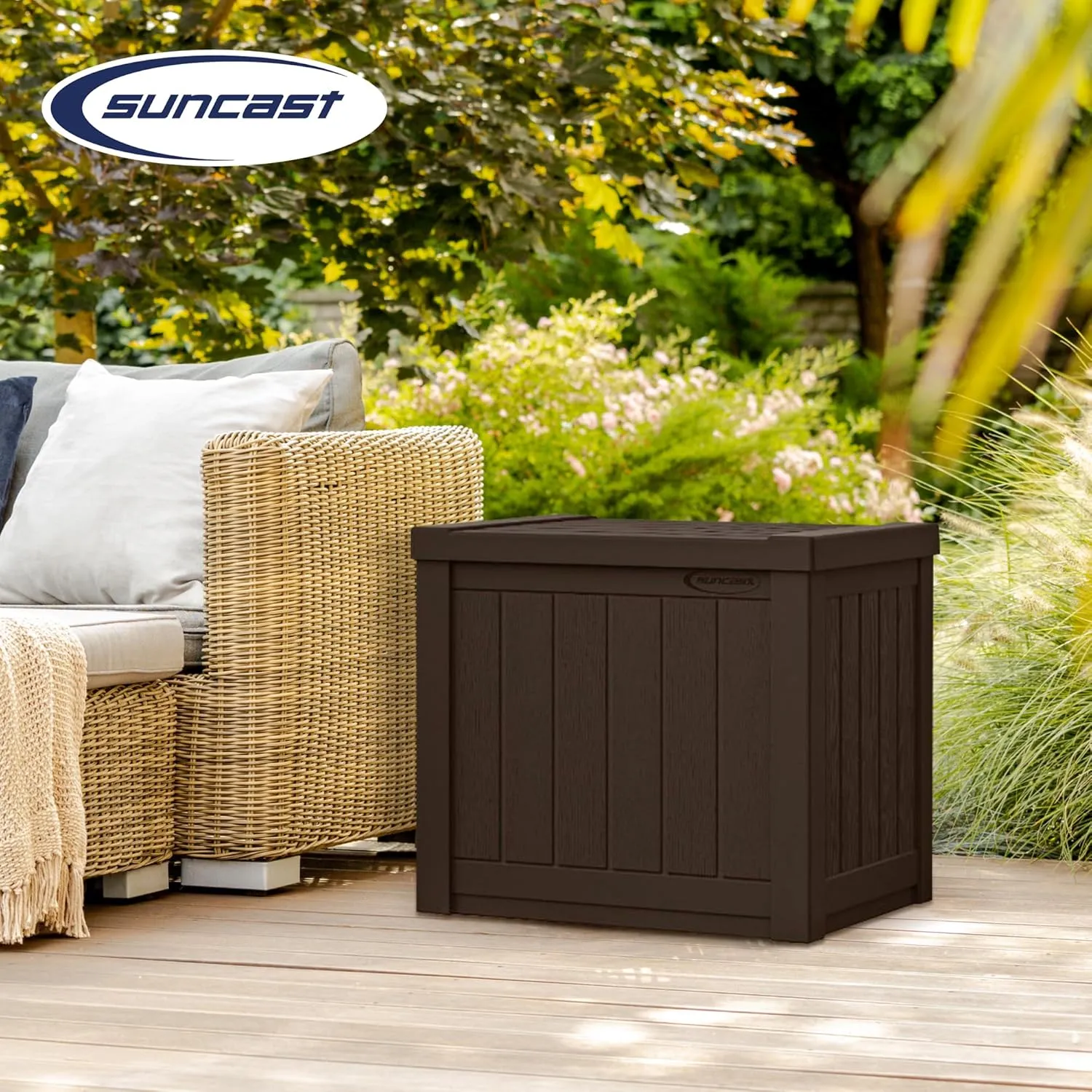 Suncast 22-Gallon Small Deck Box - Lightweight Resin Outdoor Storage Deck Box and Seat for Patio Cushions, Gardening Tools and Toys - Java Brown