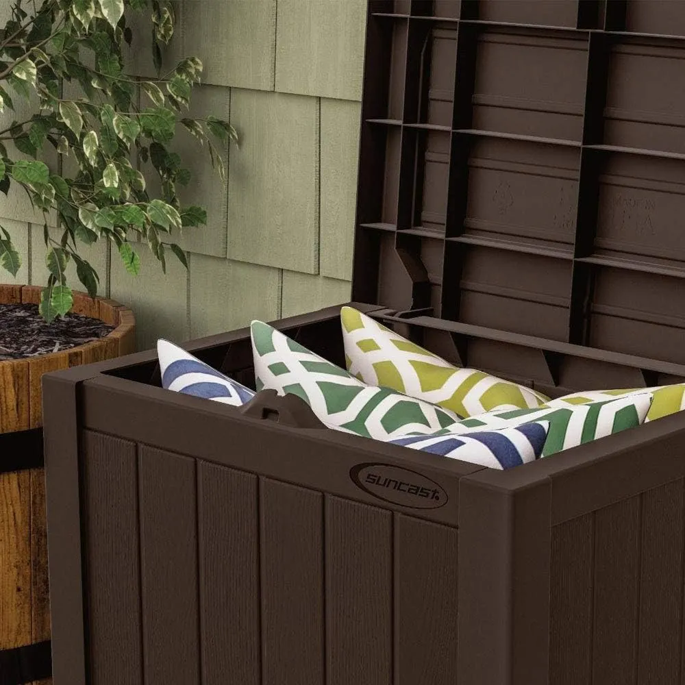 Suncast 22-Gallon Small Deck Box - Lightweight Resin Outdoor Storage Deck Box and Seat for Patio Cushions, Gardening Tools and Toys - Java Brown