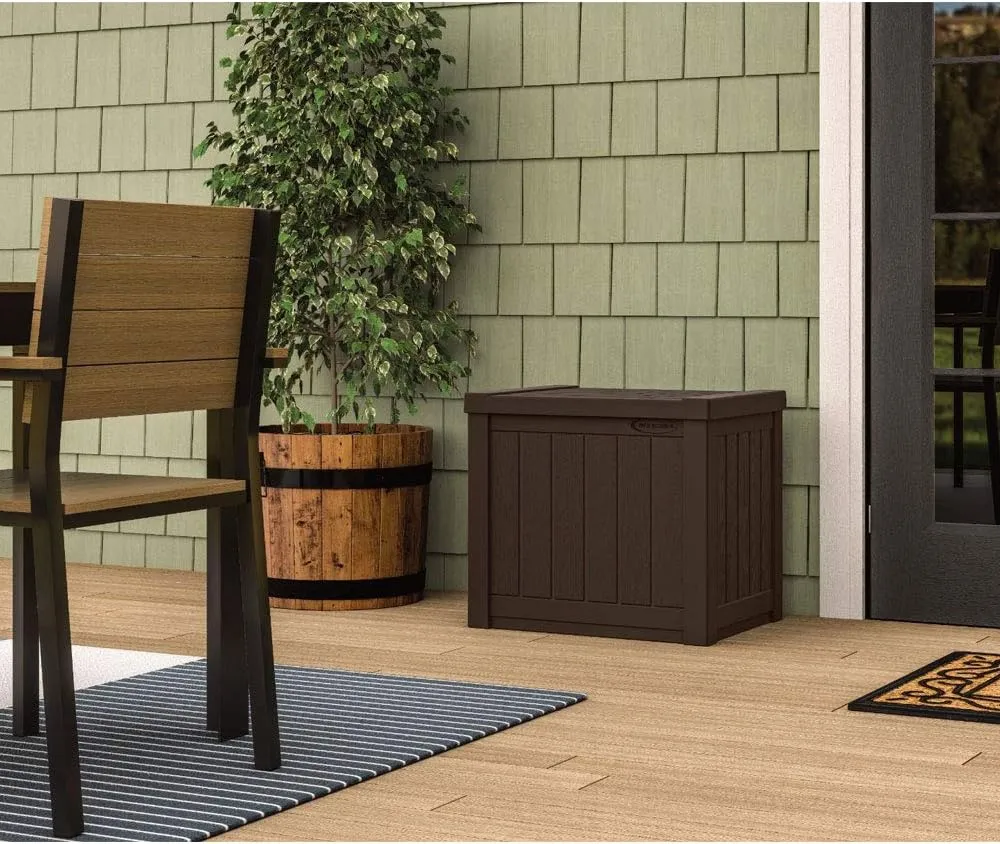 Suncast 22-Gallon Small Deck Box - Lightweight Resin Outdoor Storage Deck Box and Seat for Patio Cushions, Gardening Tools and Toys - Java Brown