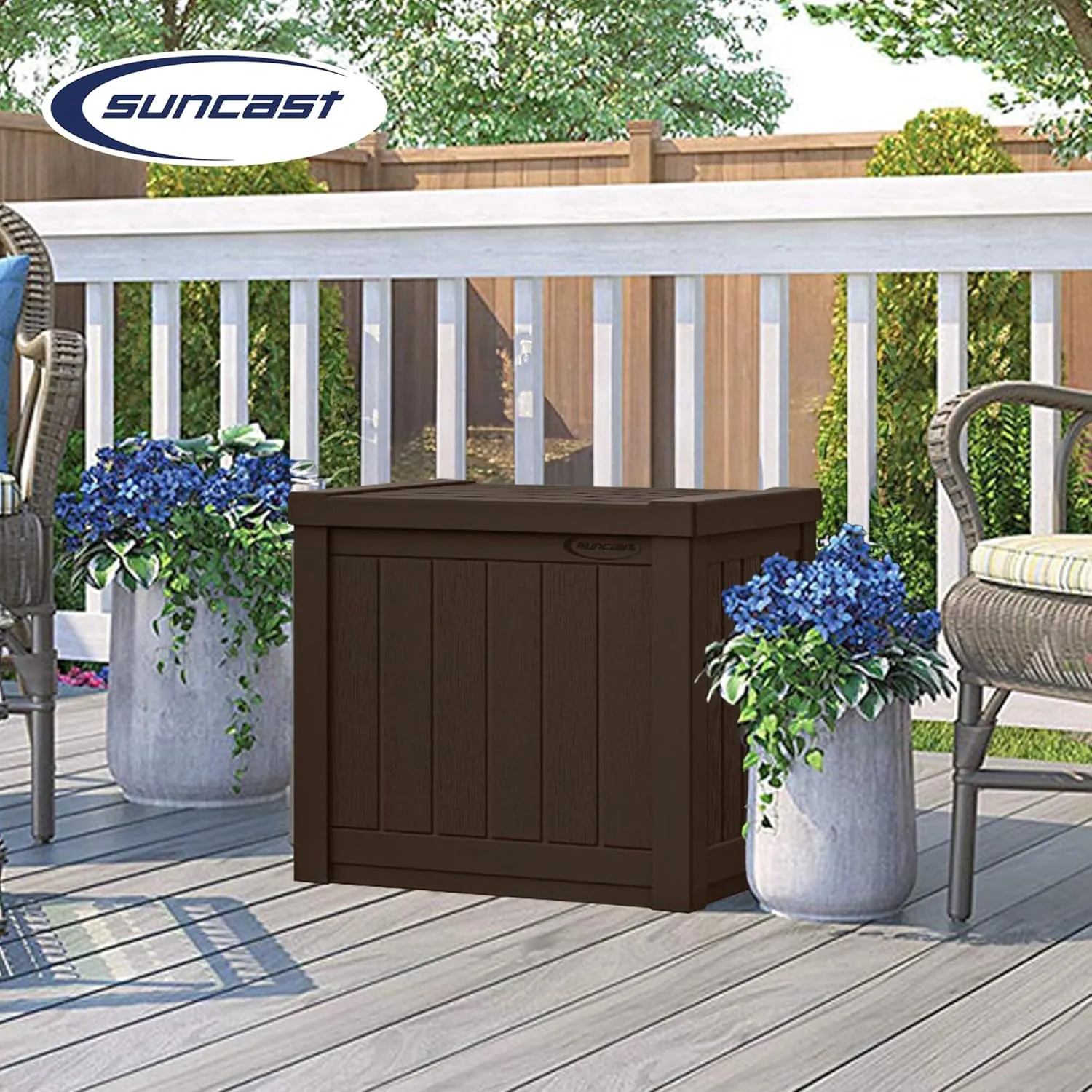 Suncast 22-Gallon Small Deck Box - Lightweight Resin Outdoor Storage Deck Box and Seat for Patio Cushions, Gardening Tools and Toys - Java Brown