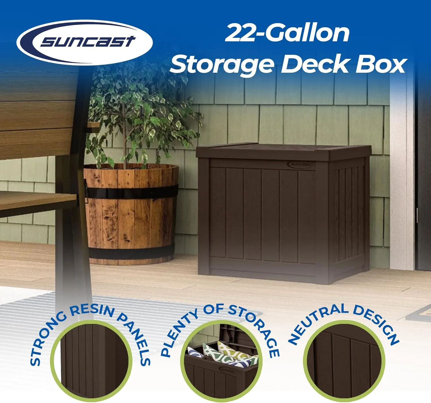 Suncast 22-Gallon Small Deck Box - Lightweight Resin Outdoor Storage Deck Box and Seat for Patio Cushions, Gardening Tools and Toys - Java Brown