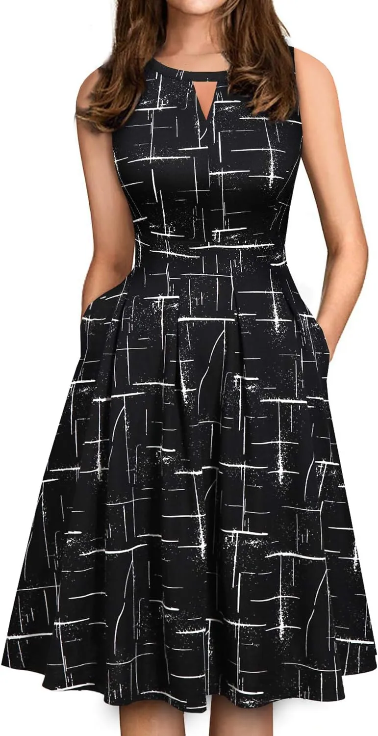 Sureple Women's Retro Sleeveless Swing Casual Work Party Dress with Pockets