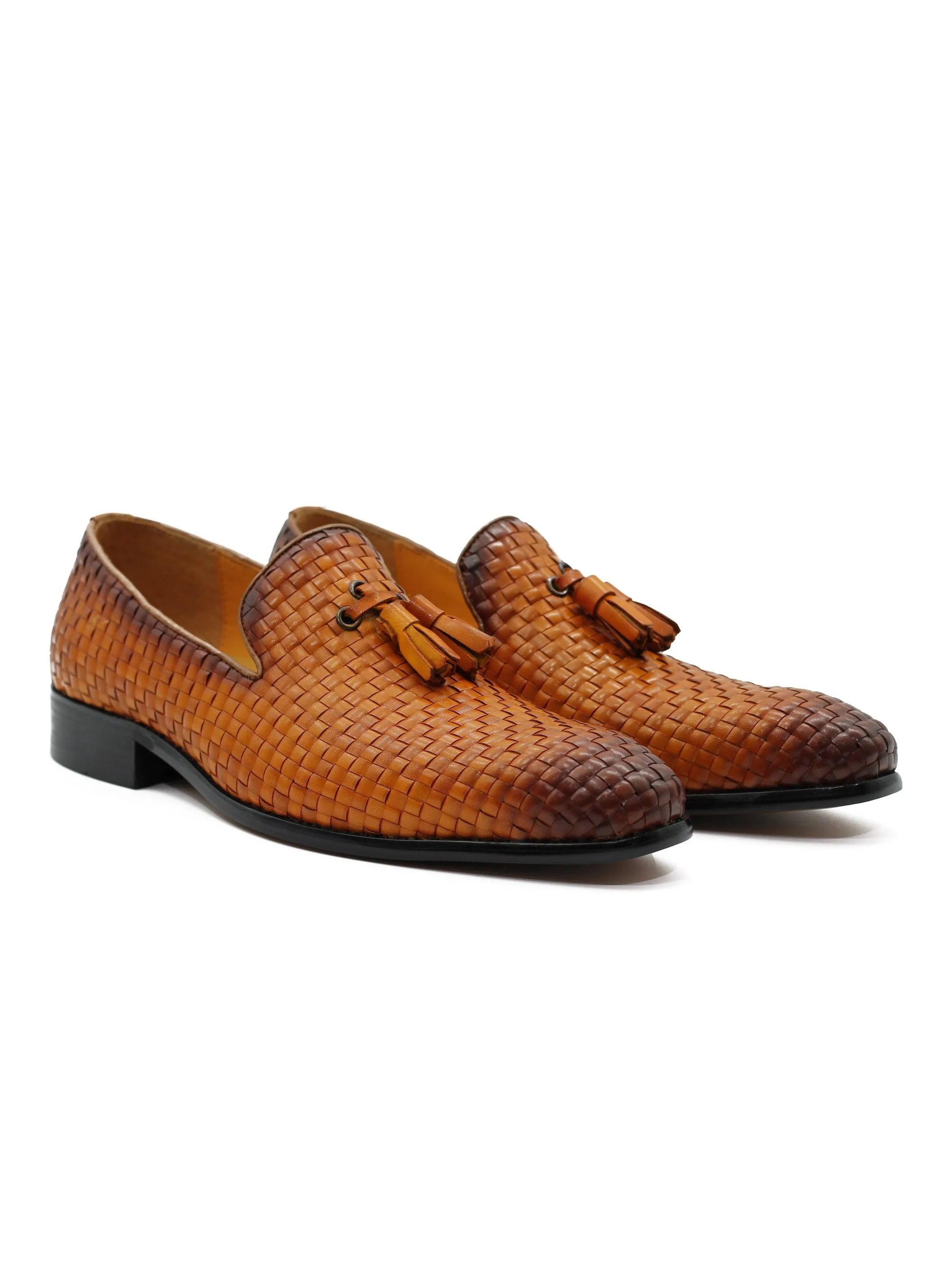 TAN WOVEN LEATHER TASSEL LOAFERS