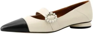 TinaCus Women's Cap-Toe Soft Leather Handmade Pearls Buckle Comfort Mary Jane Flats Shoes