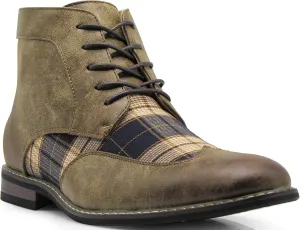 Titan04 Men Spectator Tweed Plaid Two Tone Chukka Ankle Wingtips Oxfords Dress Boots Perforated Lace Up Dress Shoes