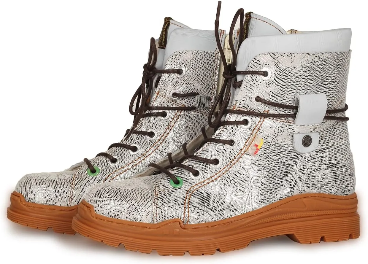 TMA EYES Leather Metallic Combat Boot Side Zipper Women's Ankle Booties