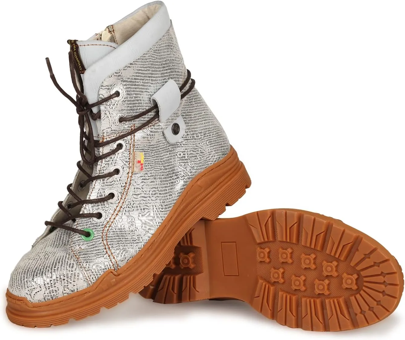 TMA EYES Leather Metallic Combat Boot Side Zipper Women's Ankle Booties