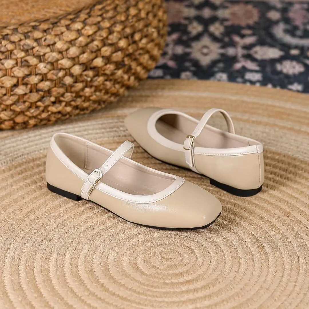 TN TANGNEST Ballet Flats for Women Soft Leather Ankle Buckle Flats Comfortable Square Toe Mary Jane Flats