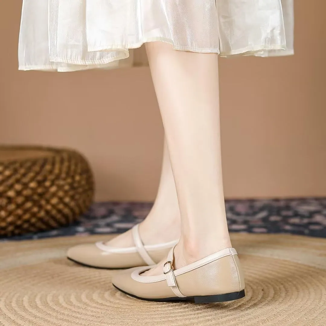TN TANGNEST Ballet Flats for Women Soft Leather Ankle Buckle Flats Comfortable Square Toe Mary Jane Flats