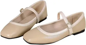 TN TANGNEST Ballet Flats for Women Soft Leather Ankle Buckle Flats Comfortable Square Toe Mary Jane Flats