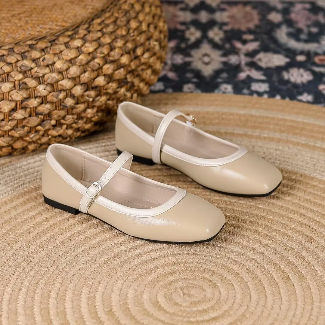 TN TANGNEST Ballet Flats for Women Soft Leather Ankle Buckle Flats Comfortable Square Toe Mary Jane Flats