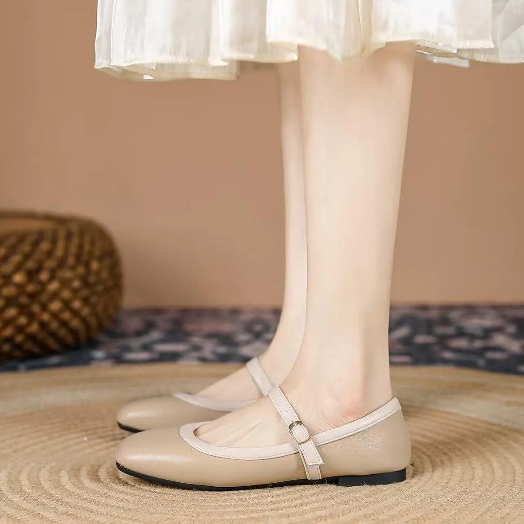 TN TANGNEST Ballet Flats for Women Soft Leather Ankle Buckle Flats Comfortable Square Toe Mary Jane Flats