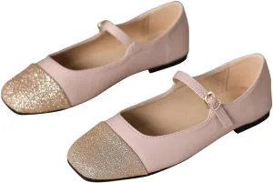 TN TANGNEST Flat Shoes for Women Retro Square Toe Mary Jane Flats Shiny Ballet Flats Comfortable Office Flats