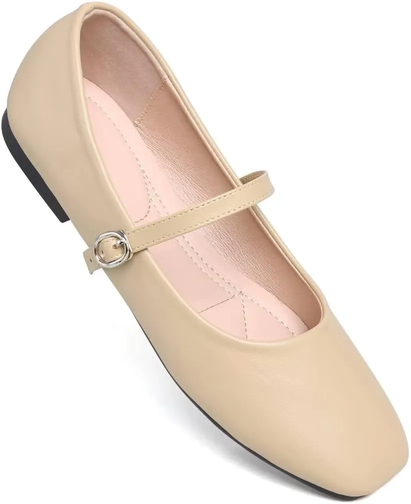 TN TANGNEST Women's Ballet Flats Retro Mary Jane Shoes for Women Cute Square Toe Buckle Dress Flats Soft Work Flats
