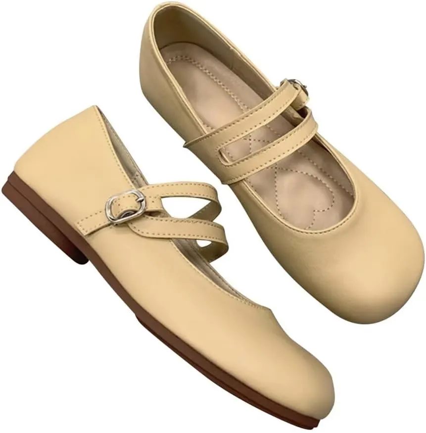 TN TANGNEST Women's Ballet Flats Retro Mary Jane Shoes for Women Cute Square Toe Buckle Dress Flats Soft Work Flats