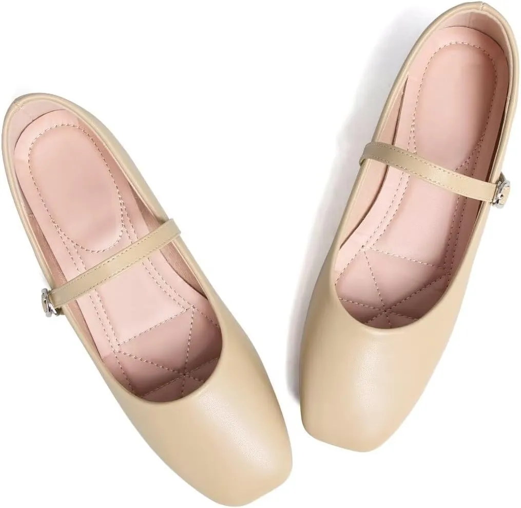 TN TANGNEST Women's Ballet Flats Retro Mary Jane Shoes for Women Cute Square Toe Buckle Dress Flats Soft Work Flats
