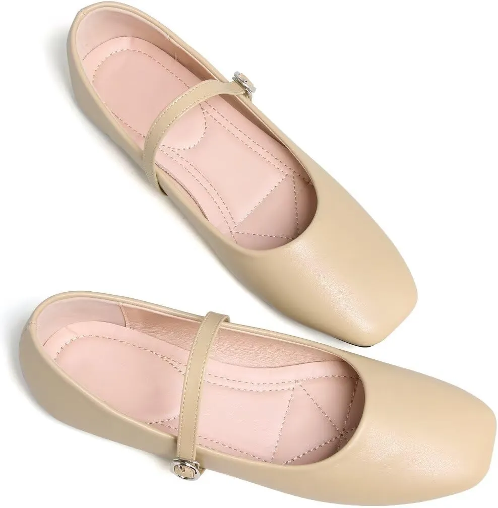 TN TANGNEST Women's Ballet Flats Retro Mary Jane Shoes for Women Cute Square Toe Buckle Dress Flats Soft Work Flats