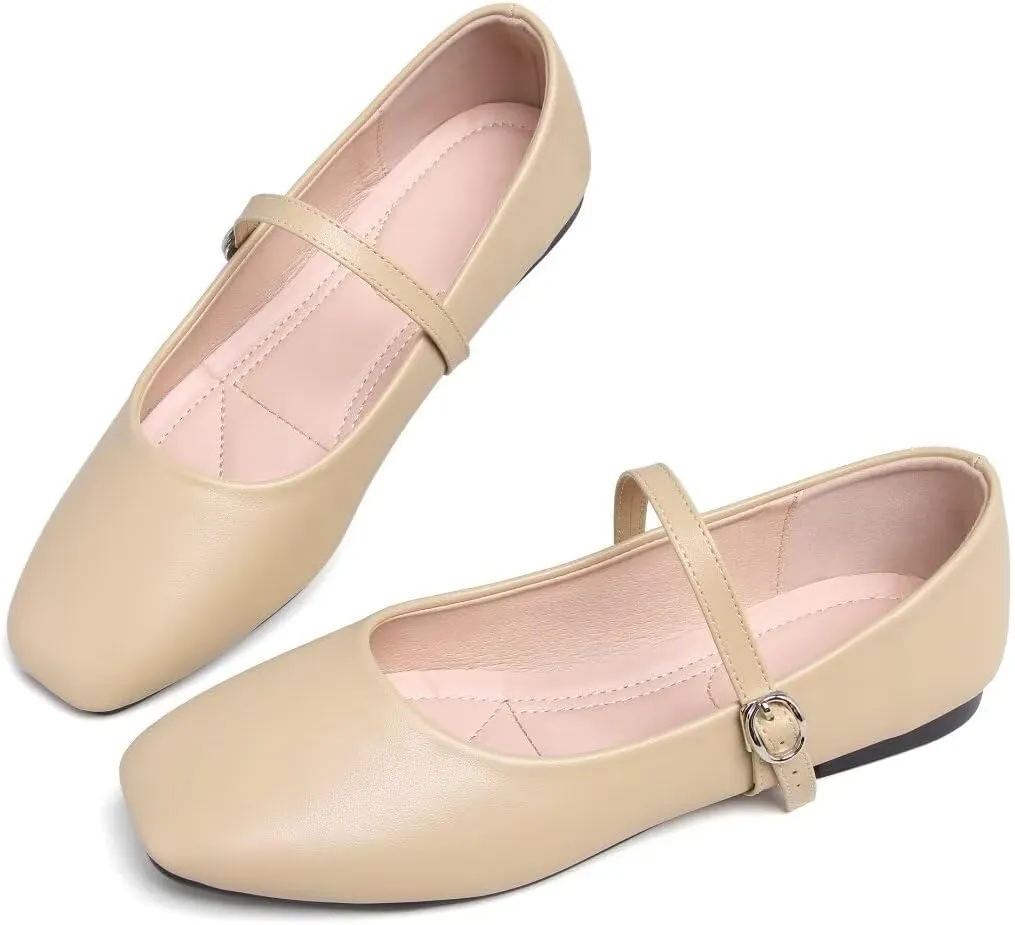 TN TANGNEST Women's Ballet Flats Retro Mary Jane Shoes for Women Cute Square Toe Buckle Dress Flats Soft Work Flats