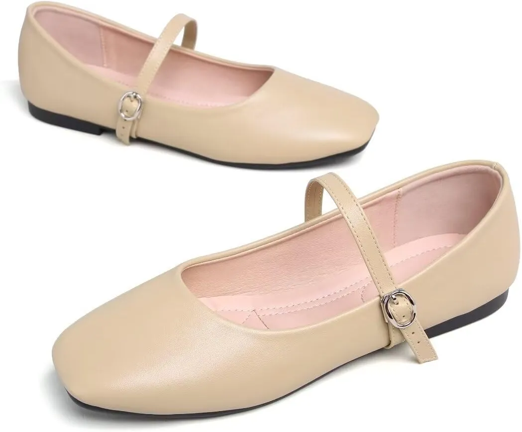 TN TANGNEST Women's Ballet Flats Retro Mary Jane Shoes for Women Cute Square Toe Buckle Dress Flats Soft Work Flats