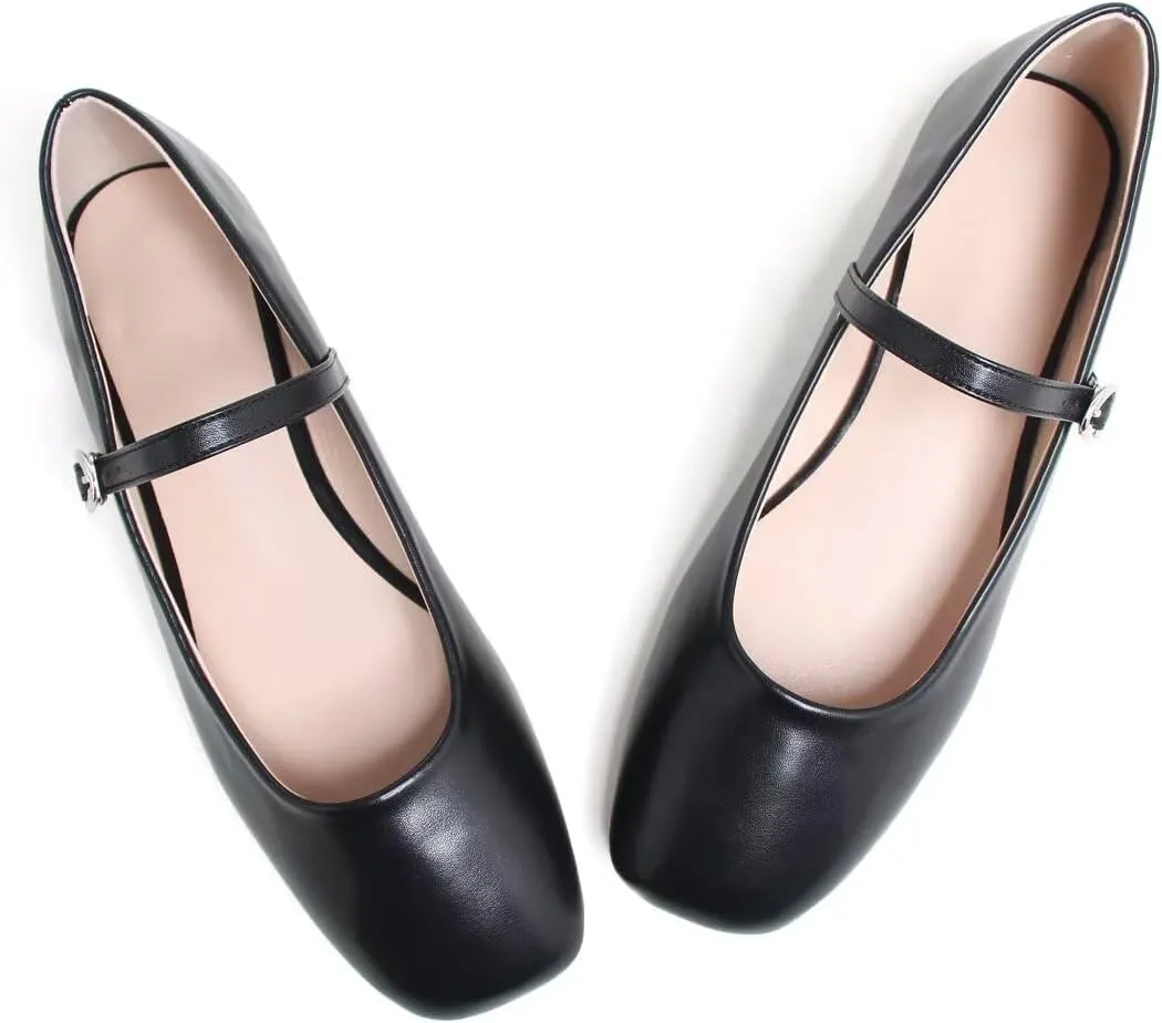 TN TANGNEST Women's Leather Flats Comfortable Square Toe Dress Flats Retro Soft Mary Jane Flats